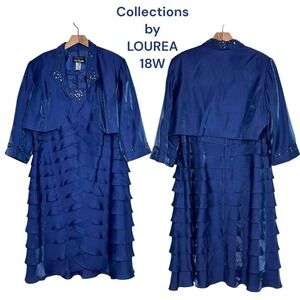 Collections by Lourea 18W blue shimmer tiered ruffle cocktail dress + jacket